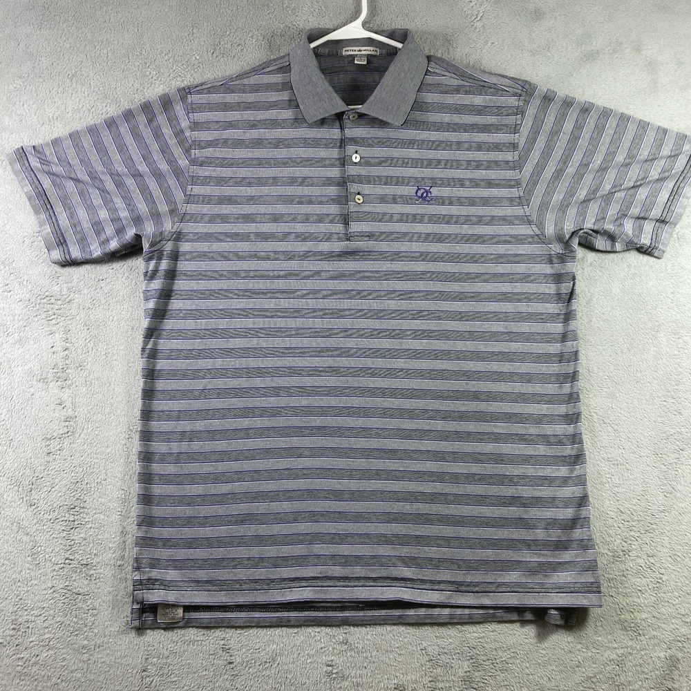 Peter Millar Polo Shirt Adult Large Striped Gray Blue Golf Chest Logo SS Preppy